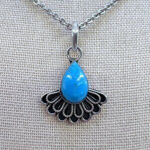 VTG Sterling Silver 925 Teardrop Turquoise Bezel Set Pendant Necklace 22" Length